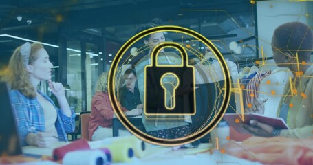 Displaying central padlock overlay hovering above studio table, with swatches and clothing rack