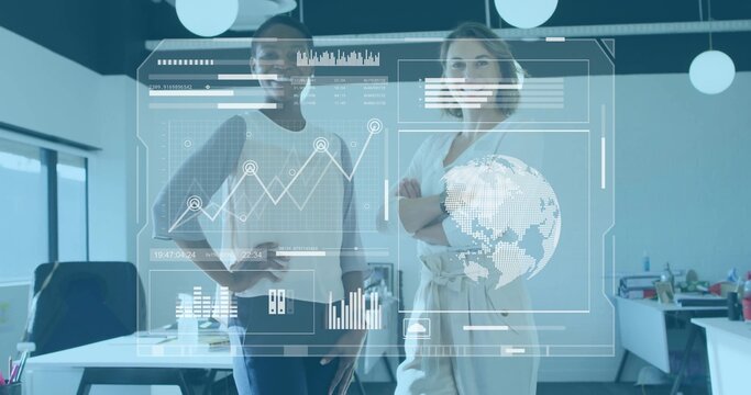 Presenting two coworkers wearing dark suit and light belted coat in office, showing hologram UI