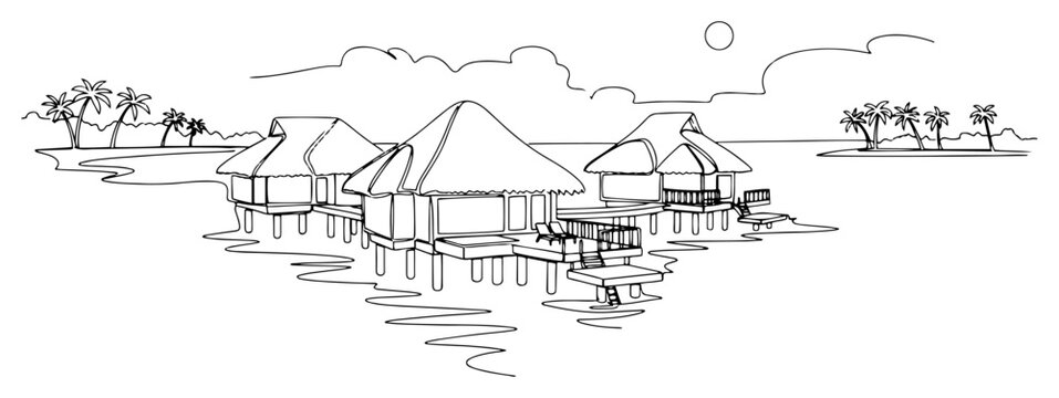 Tropical paradise with overwater bungalows one continuous line drawing. Bora Bora island resort minimalist vector art.