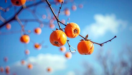 Ripe, orange persimmons hang from bare branches against a clear blue sky with scattered white clouds.