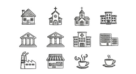 Fototapeta premium Hand drawn building icons set featuring churches, hospitals, and coffee cups