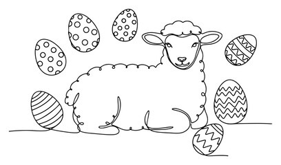 Cute Easter lamb with decorated eggs one continuous line drawing. Holiday symbol minimalist vector art.
