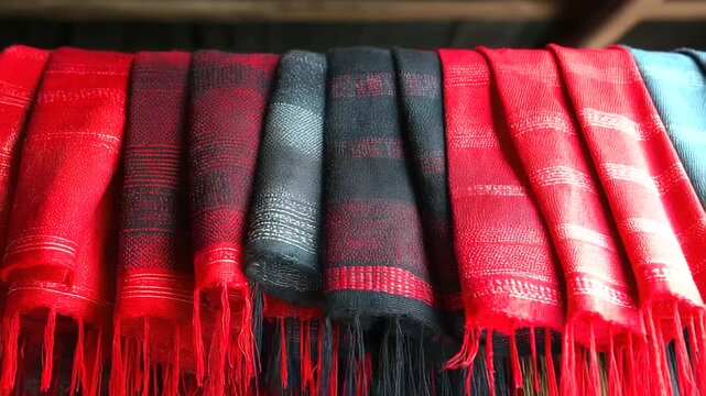 Naga shawls displayed at market, bold red-black patterns, India, Nagaland, textiles, market, culture, tradition, craft, fashion, color, with copy space