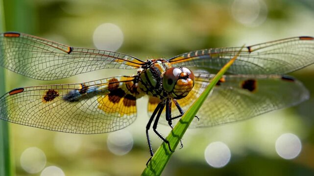 Dragonfly resting on grass - A dragonfly with patterned wings perches on a blade of green grass. The insect is brightly colored with yellow, green, and brown markings and has a close up focus on its