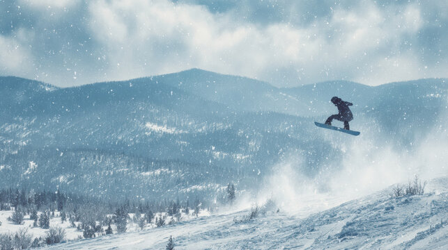 Thrilling view of snowboarder in mid air executing jump trick on snowy mountain. Extreme winter sport action captures freedom and adventure - Powered by Adobe