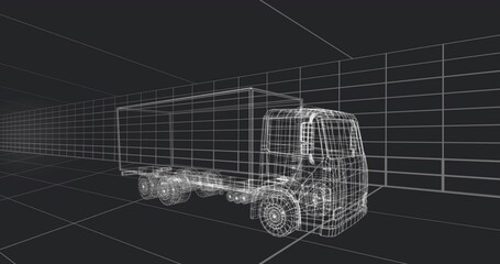 Displaying wireframe box truck occupying center in 3D view, showing wheels, chassis and grid floor