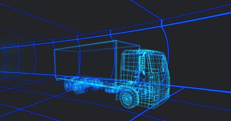 Rotating cyan-blue wireframe box truck showing cab contours, mirrors, wheels in virtual tunnel grid