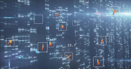 Glowing data nodes pulsing among vertical data bars, with orange icons and numeric overlays