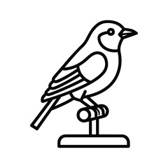 Line art illustration of a small bird perched on a stand, clean minimalist icon design, isolated on white