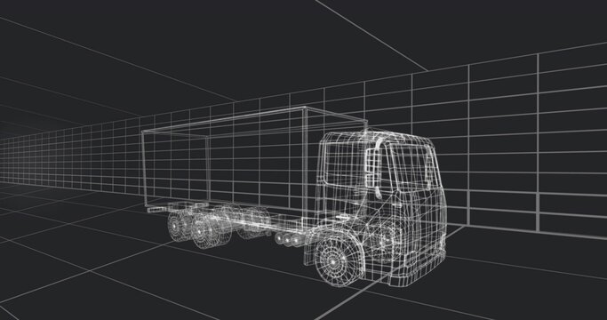 Fototapeta Displaying wireframe box truck occupying center in 3D view, showing wheels, chassis and grid floor