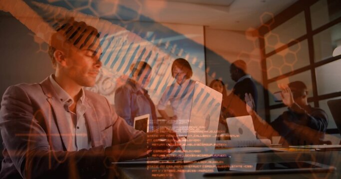 Working man in light blazer using laptop at conference room, with laptops, tablet, hexagon grid - Powered by Adobe