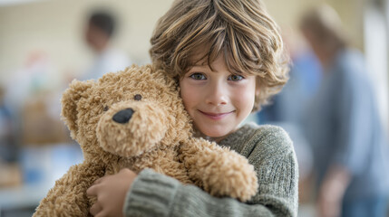 Happy caucasian boy hugging cute brown teddy bear. stuffed animal gift provides comfort and joy to smiling child with content look