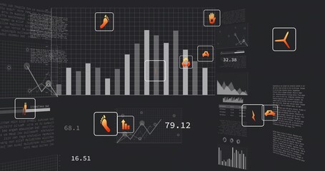 Displaying central vertical bar chart rising on dark grid dashboard, with orange callouts
