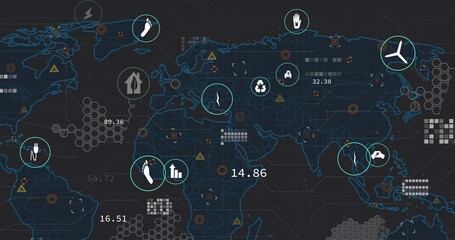 Displaying world map visualization overlaying global data on dark grid with circular markers, icons