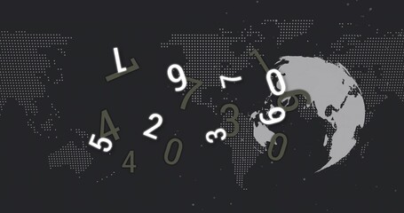 Displaying floating numeric digits rotating across digital background, with globe silhouette