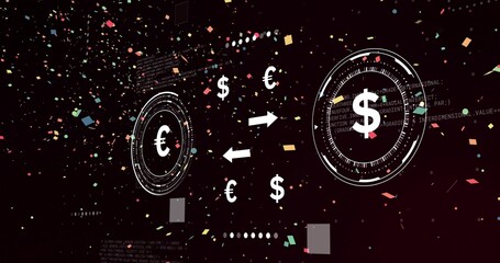 Displaying central euro and dollar HUDs exchanging arrows in dark interface with particles and code