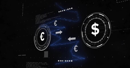 Displaying dollar HUD glowing on right of tech UI, with euro HUD, arrows, lightning, copy space