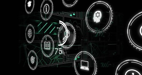 Displaying virtual dashboard showing circular HUD icons and globe, laptop, gauge 75