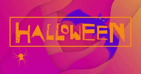 Showing centered Halloween banner on gradient backdrop, with orange frame, grungy HALLOWEEN, spider