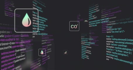 Obraz premium Floating cluster showing code panels and UI cards in virtual space, featuring droplet CO2 card