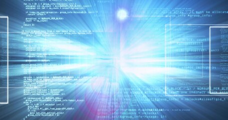 Pulsing central burst sending radial beams across tech console, with code columns, UI frames