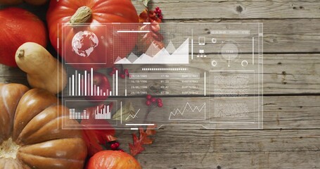 Displaying pumpkin and gourd cluster sitting on wooden plank with digital HUD overlay, copy space