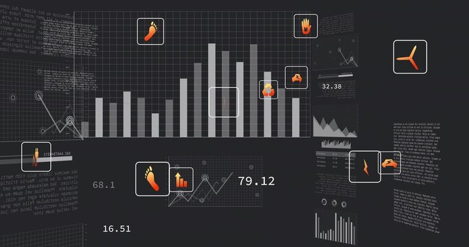 Displaying central vertical bar chart rising on dark grid dashboard, with orange callouts