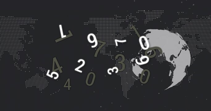 Displaying floating numeric digits rotating across digital background, with globe silhouette