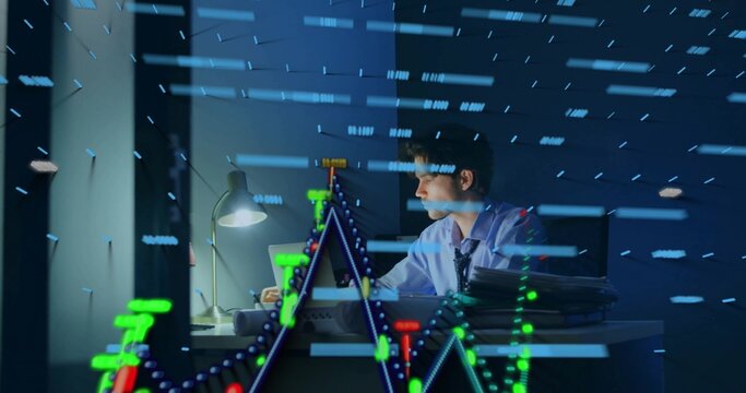 Analyzing man in light shirt and loose tie in late-night office, with laptop and candlestick charts