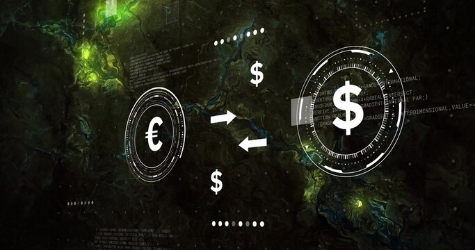 Displaying FX HUD showing Euro and Dollar circular icons on marbled UI with bidirectional arrows
