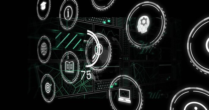 Displaying virtual dashboard showing circular HUD icons and globe, laptop, gauge 75