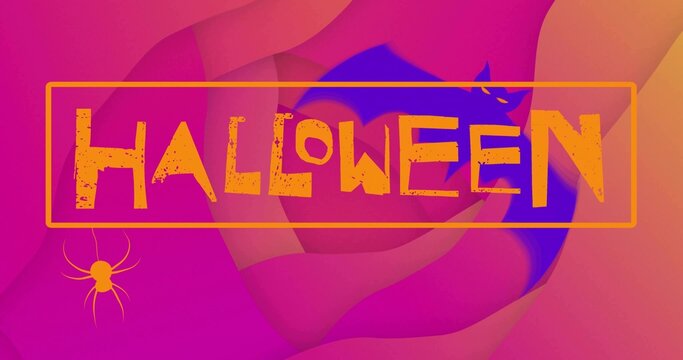 Showing centered Halloween banner on gradient backdrop, with orange frame, grungy HALLOWEEN, spider