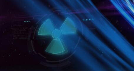 Pulsing glowing trefoil symbol orbiting amid HUD rings at digital interface, numeric overlays