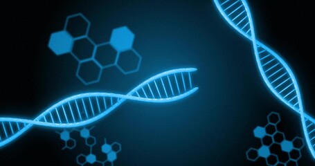 Showing glowing blue DNA double-helix strands spanning dark lab visual with hexagon motifs and glow