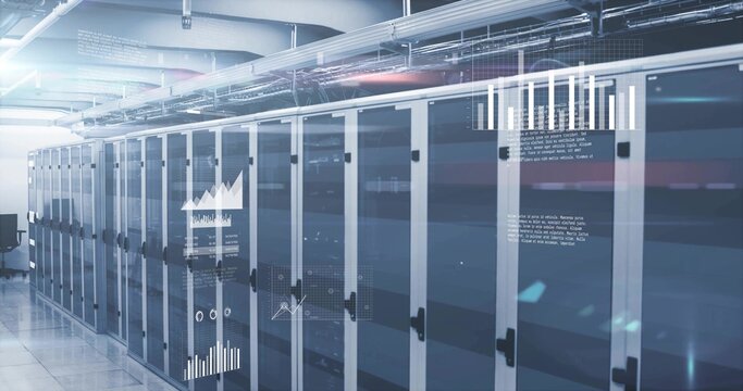 Extending row of glass server cabinets showing LED status in data center aisle, reflective floor