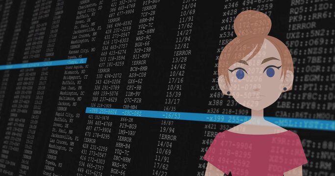 Showing flat female avatar wearing pink-top overlaying data log with rows and blue bars, copy space