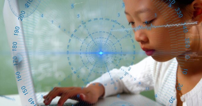 Typing child in white top leaning at study desk, touching laptop keyboard HUD overlay, copy space