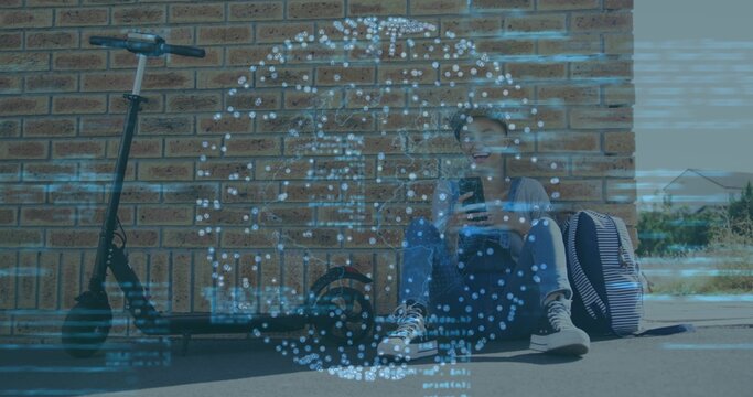 Smiling woman in baseball cap and overalls, holding phone on sidewalk with scooter, blue overlay