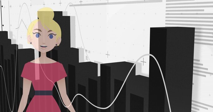 Presenting blonde woman wearing pink dress and black belt before grid with black bars, copy space