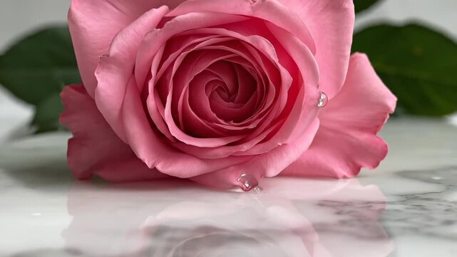Pink Rose with Water Droplets - A close-up shot showcases a vibrant pink rose with delicate water droplets clinging to its petals.