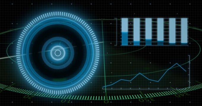 Displaying large HUD target, radial ticks and ring on left grid, showing bar and line charts