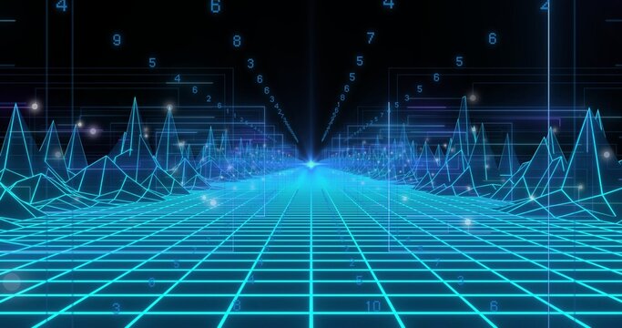 Fototapeta Glowing neon-cyan grid receding to horizon in digital void with wireframe peaks, numeric glyphs