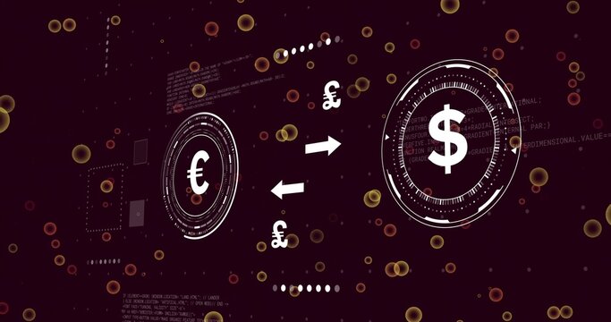 Displaying finance HUD on maroon screen, showing dollar or euro HUDs, arrows, pound signs, bokeh, co