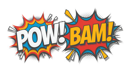 Comic speech bubbles with POW and BAM text colorful vector illustration for graphic design isolated on white background
