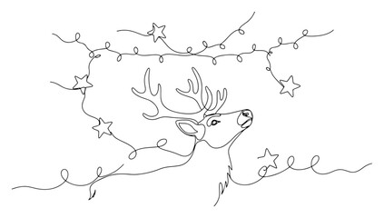 Christmas reindeer with star lights one continuous line drawing. Winter holiday animal vector art.