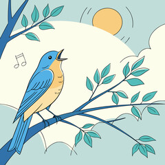 Blue Bird Singing on a Tree Branch with Sun and Music Notes vector illustration