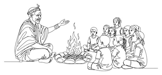 African elder telling stories to children around a campfire Continuous one line drawing Tribal storyteller and kids minimalist vector illustration