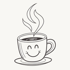 Cartoon Coffee Cup with Smiling Face and Saucer hot drink