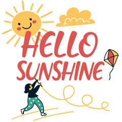 Fototapeta premium Happy Sun and Girl Flying Kite with Hello Sunshine Text vector illustration