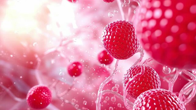 Vibrant raspberry cluster macro juicy fruit closeup fresh berry texture bright pink background dewy droplets sweet summer vibe abstract cell